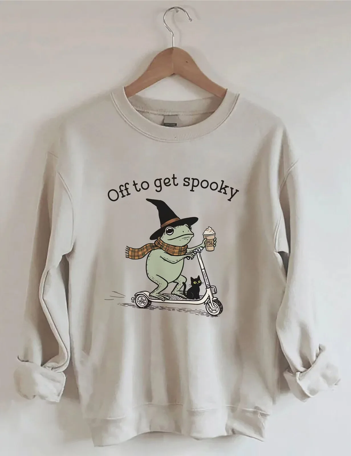 Off To Get Spooky Witch Frog Riding Scooter Halloween Sweatshirt