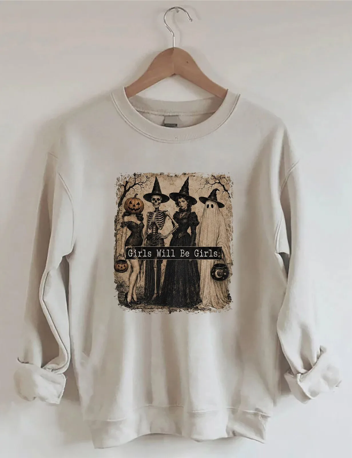 Spooky Halloween Girls Will Be Girls Skeleton Witch Ghost Sweatshirt