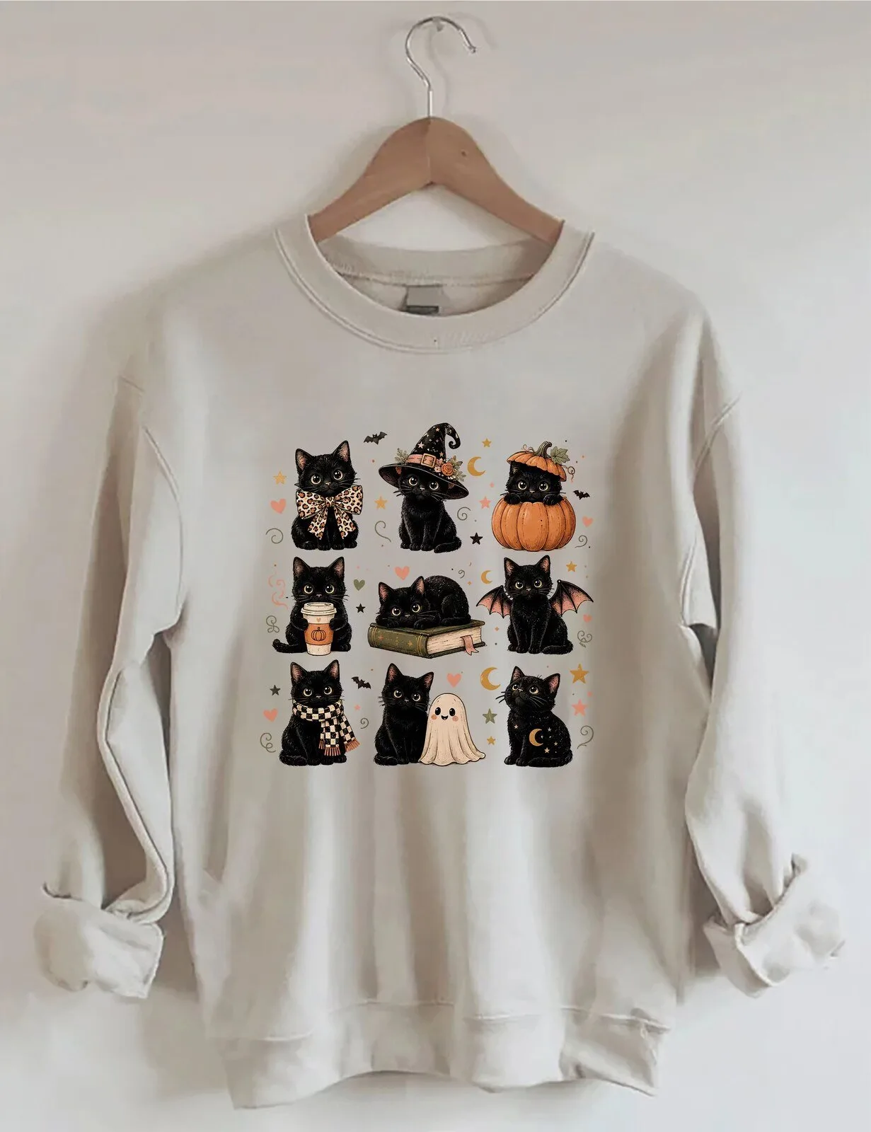 Cute Black Cat Halloween Witch Pumpkin Ghost Fall Season Sweatshirt
