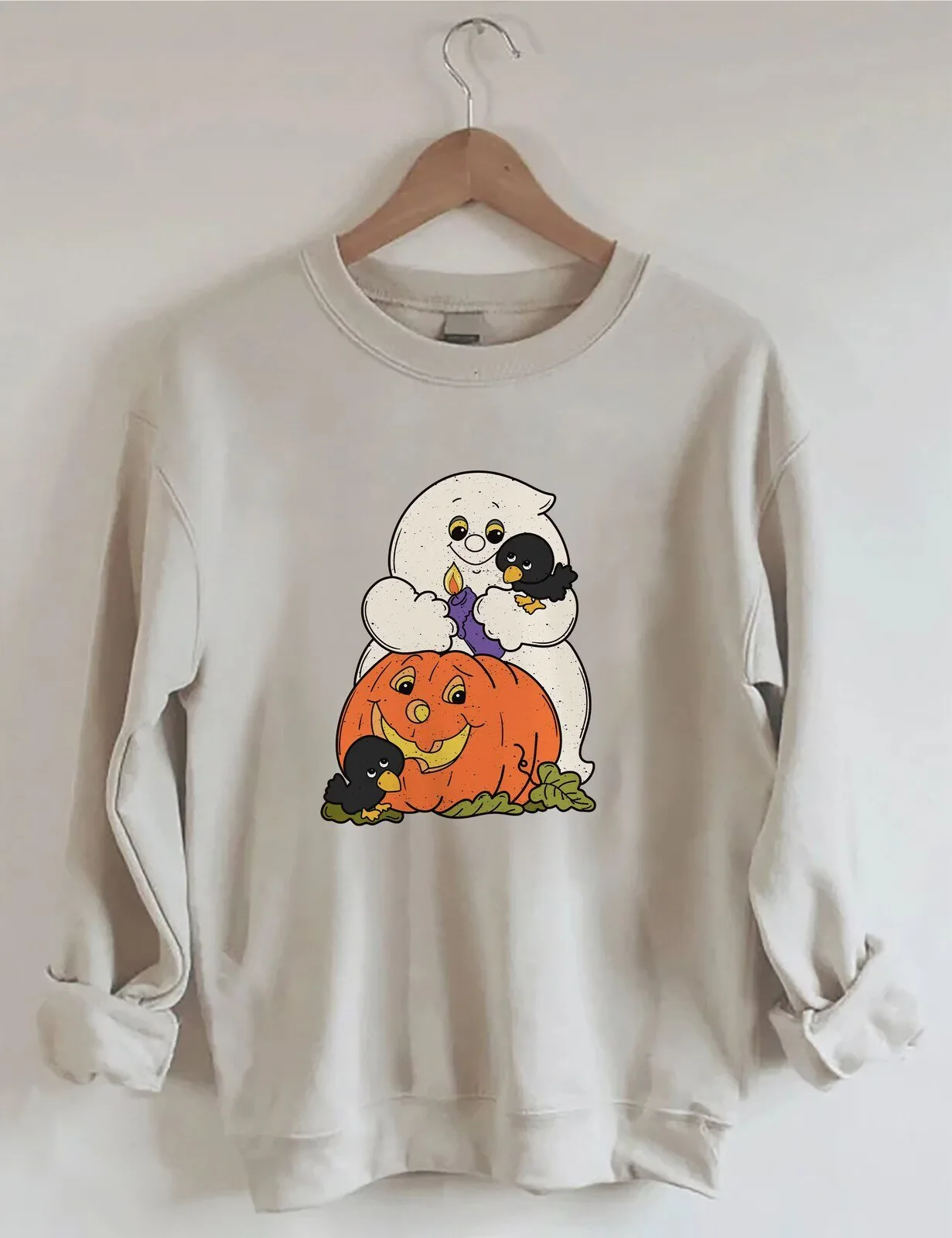 Vintage Halloween Ghost and Pumpkin with Crows Autumn Holiday Sweatshirt