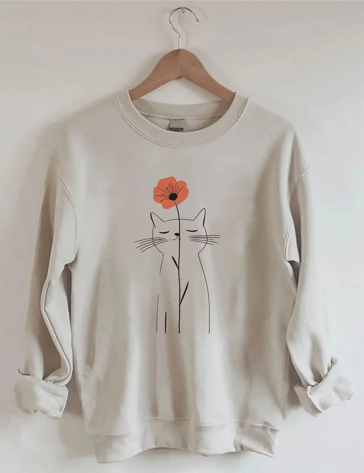 Cute Cat with Poppy Flower Minimalist Design Cream Sweatshirt