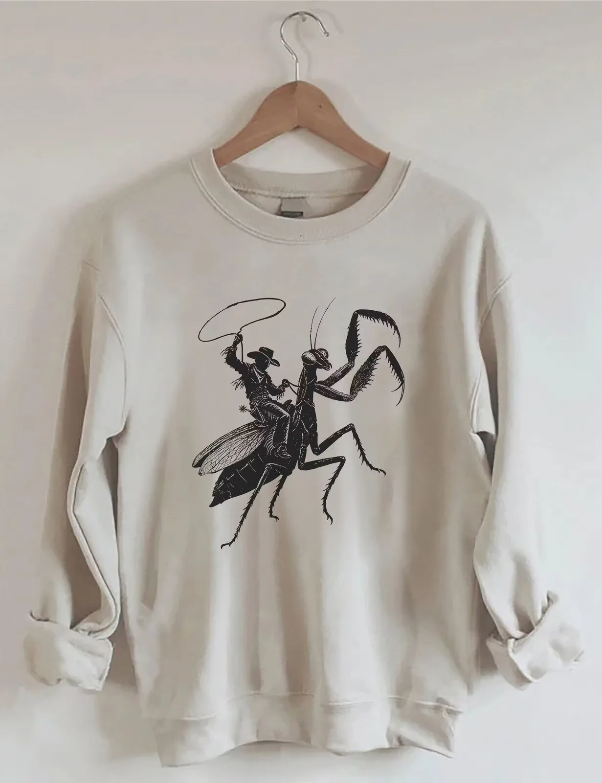 Funny Cowboy Riding Praying Mantis Graphic Sweatshirt