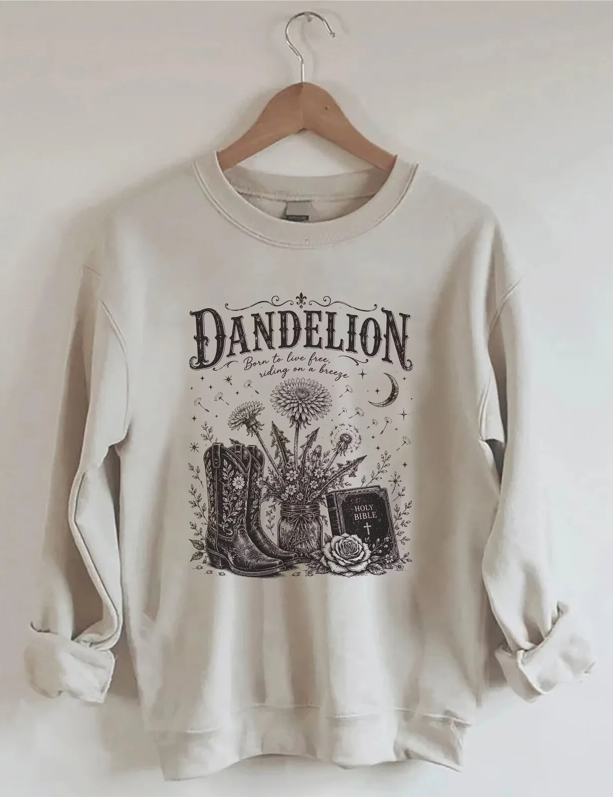 Dandelion Wildflower Country Western Cowboy Boots Holy Bible Sweatshirt