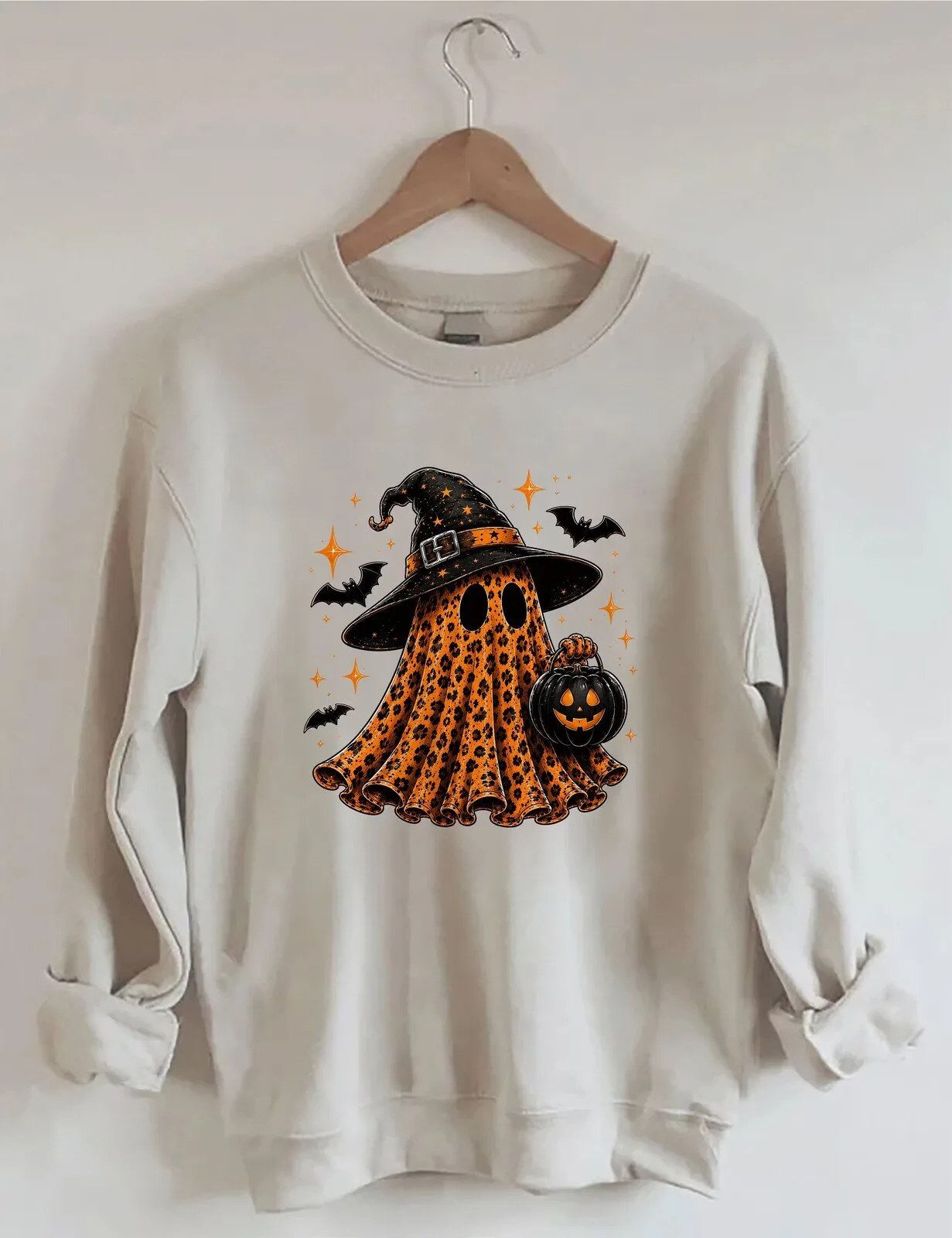Halloween Ghost with Witch Hat and Pumpkin Lantern Spooky Sweatshirt